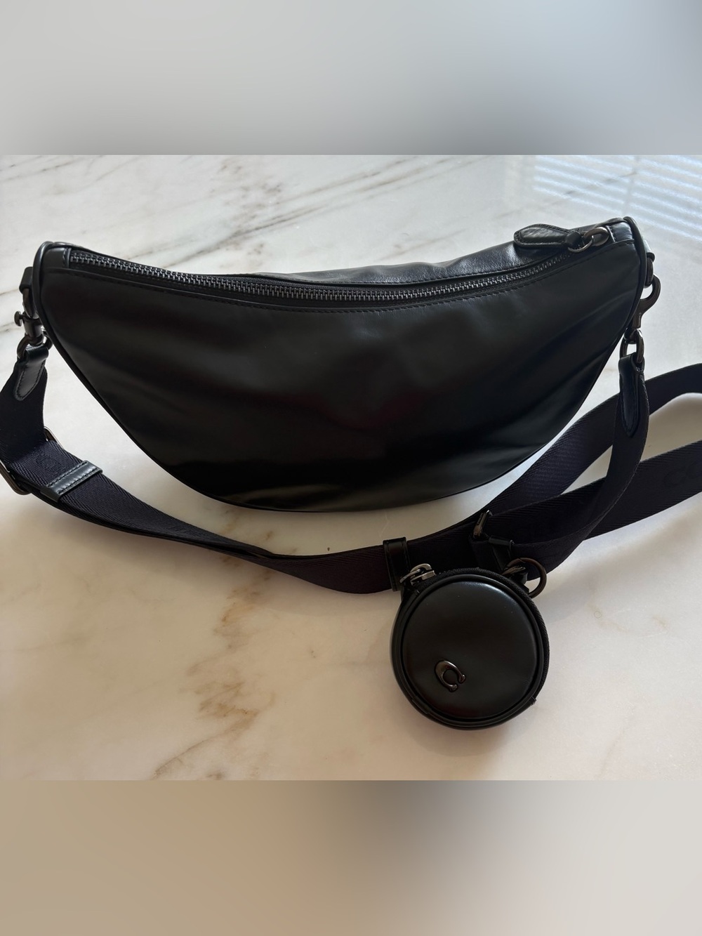 Coach Black Leather Crescent Crossbody Bag with Coin Pouch
